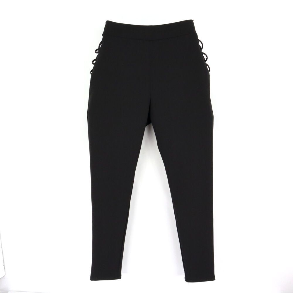Akira Pants High Rise Side Cut Outs Womens M Black Polyester Stretch Skinny Leg